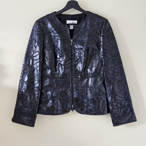 Joseph Ribkoff Jacket Womens 8 Black Faux Leather Sequin Embroidery Whimsigoth - Picture 1 of 16